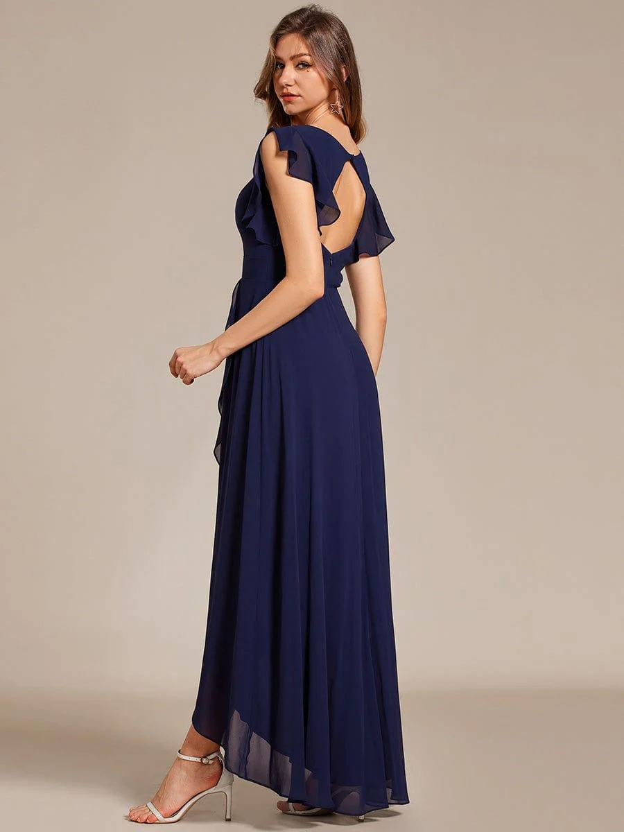 Elegant Ruffled Chiffon High-Low Bridesmaid Dress with Backless Design - Image 22