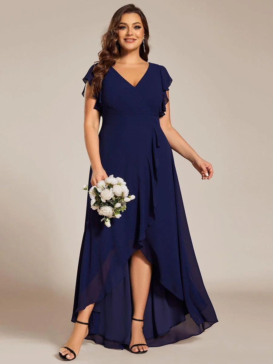 Elegant Ruffled Chiffon High-Low Bridesmaid Dress with Backless Design - Image 26