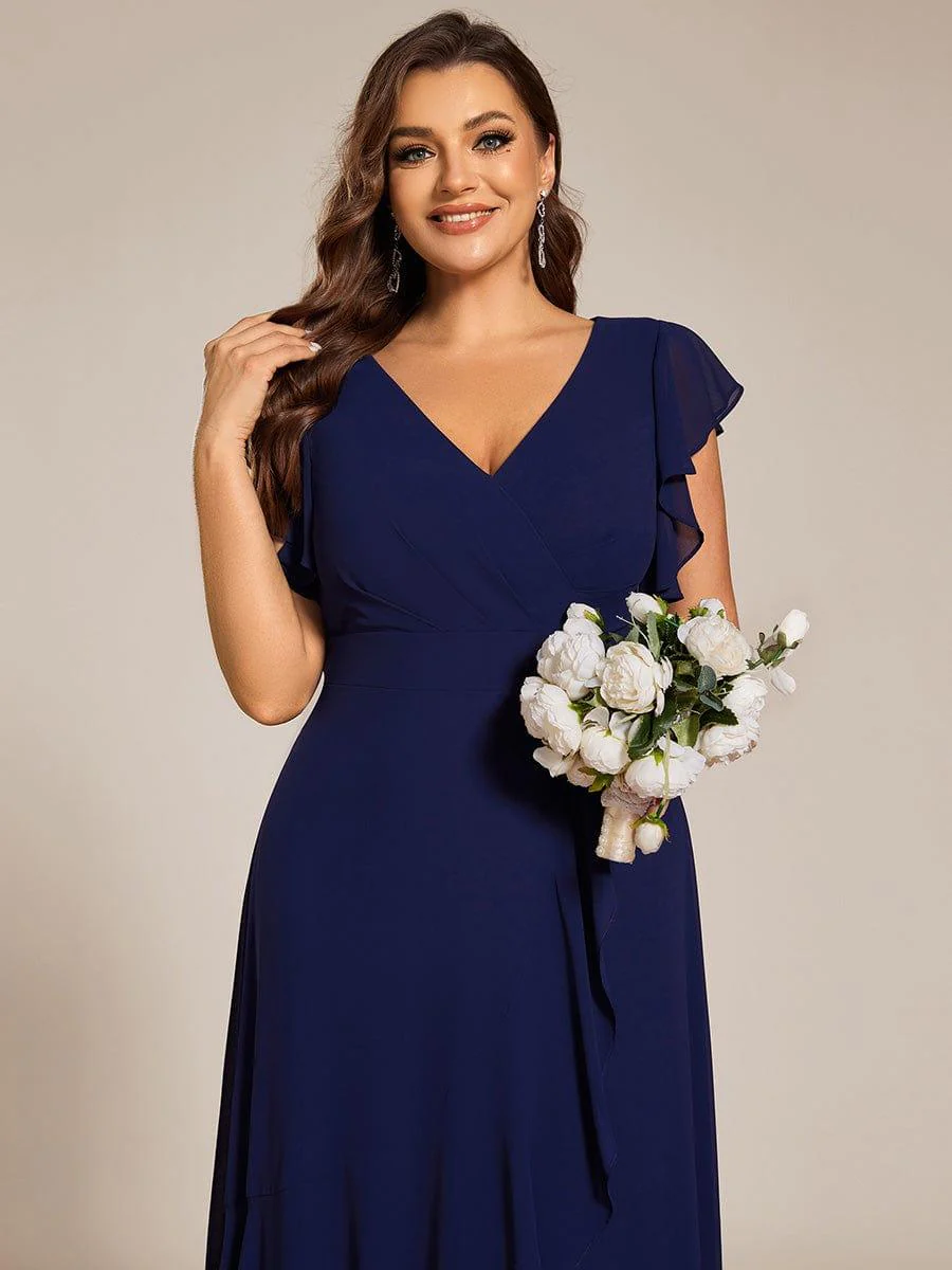 Elegant Ruffled Chiffon High-Low Bridesmaid Dress with Backless Design - Image 28