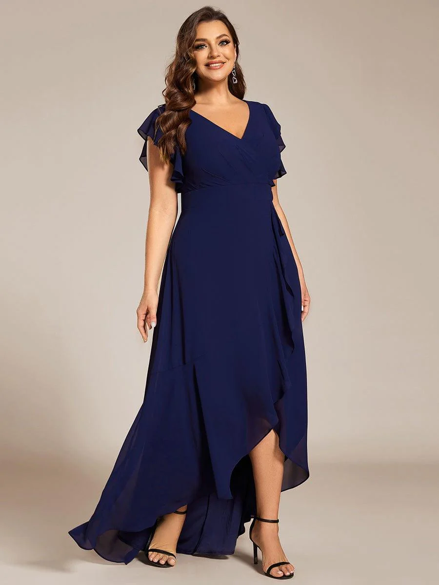 Elegant Ruffled Chiffon High-Low Bridesmaid Dress with Backless Design - Image 29