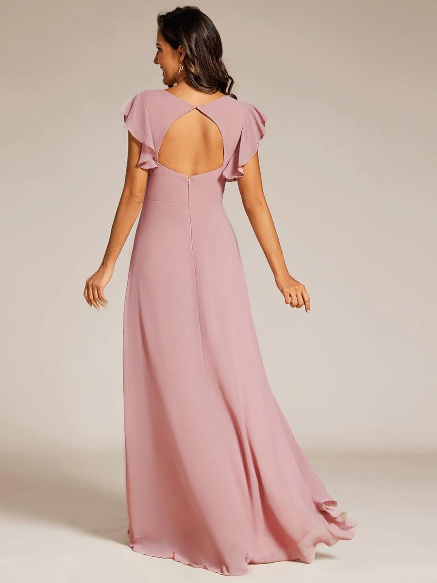 Elegant Ruffled Chiffon High-Low Bridesmaid Dress with Backless Design - Image 3