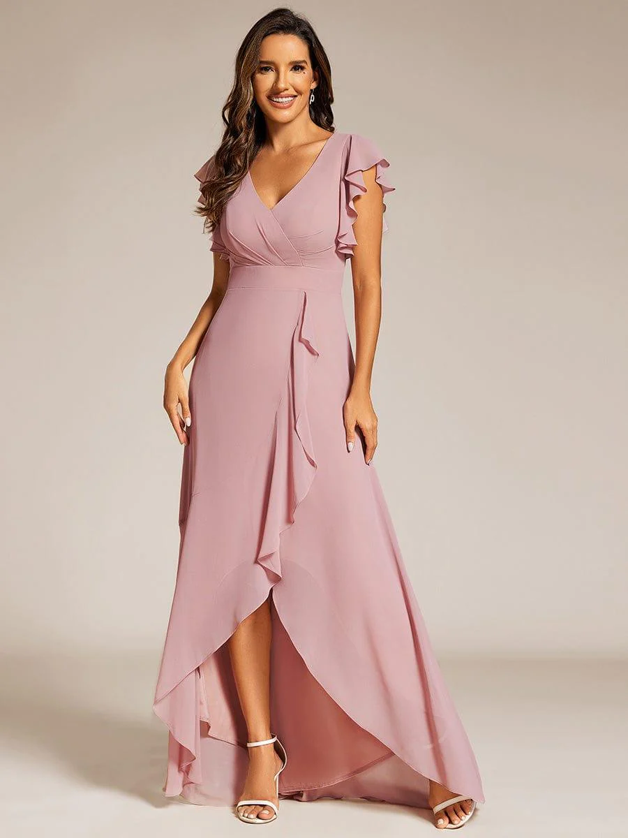 Elegant Ruffled Chiffon High-Low Bridesmaid Dress with Backless Design - Image 6