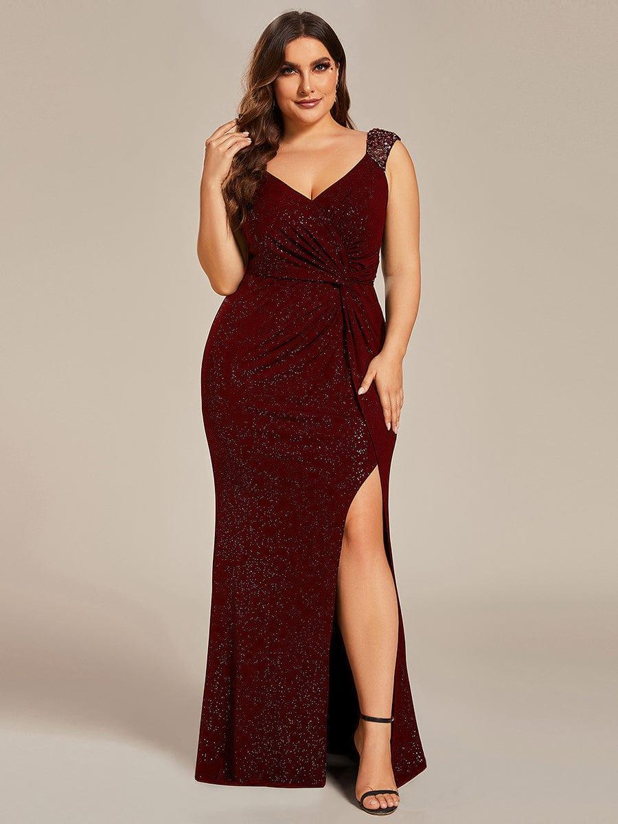 pretty NOIRE|Elegant V Neck High Slit Plus Size Sequin Evening Dress - Image 12