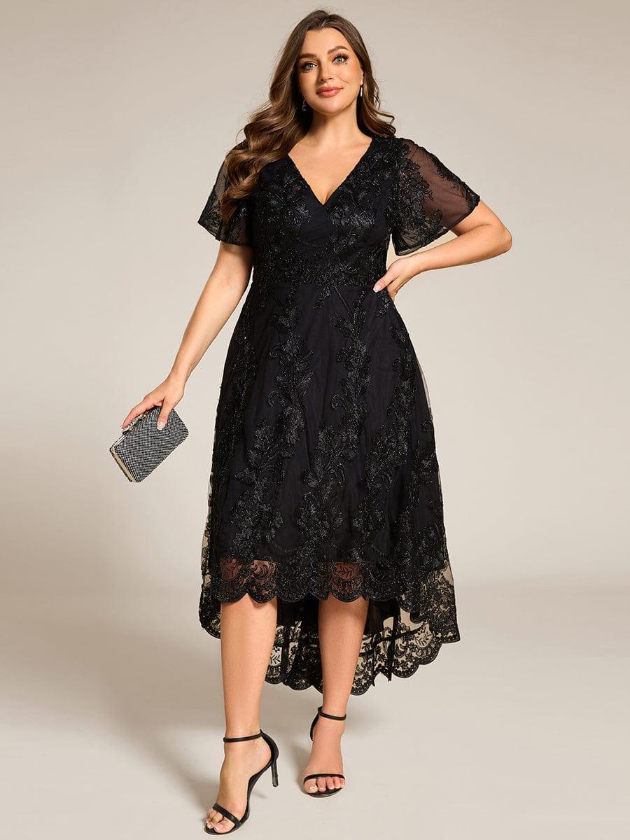 ever TIDAL|Embroidered Mesh High-Low Midi Evening Dress with Short Sleeves - Image 21