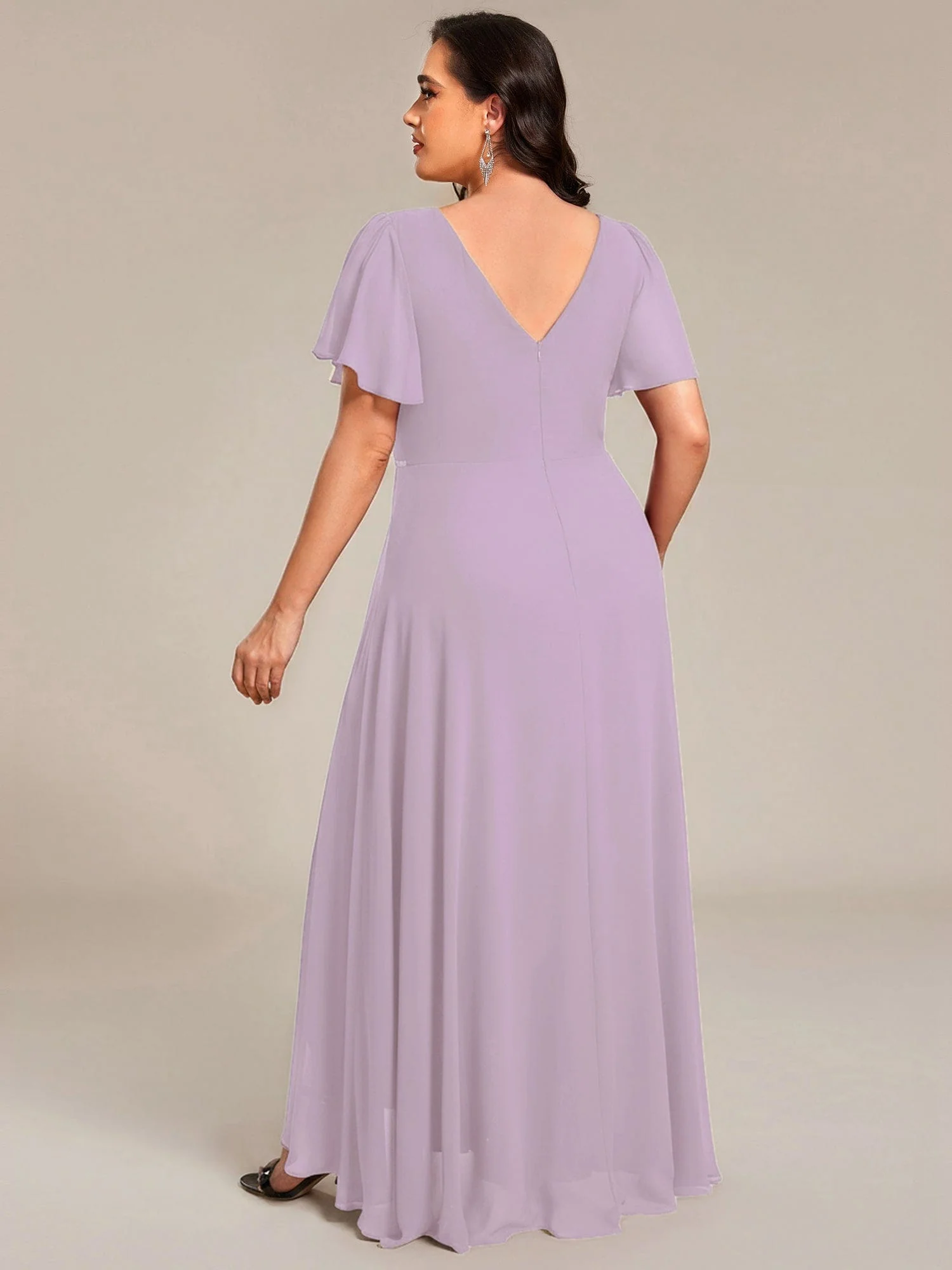 ever DAKOTA|Plus Size Chiffon Ruffle Sleeves Rhinestone Waist High-Low Wedding Guest Dress - Image 36