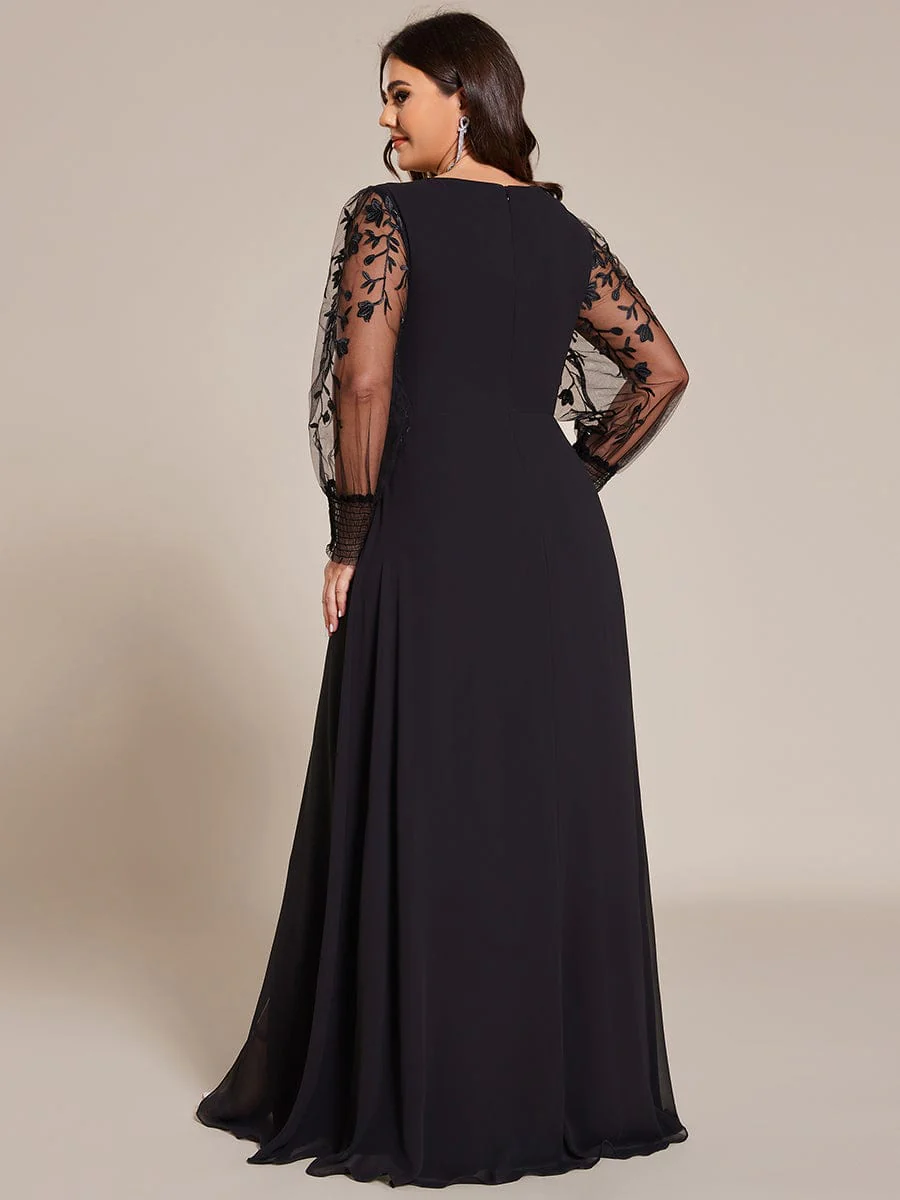 ever RYLEE|Plus Size Thigh Split Chiffon Evening Dress With Sheer Embroidered Long Sleeves - Image 2