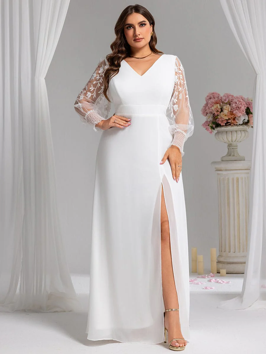 ever RYLEE|Plus Size Thigh Split Chiffon Evening Dress With Sheer Embroidered Long Sleeves - Image 4