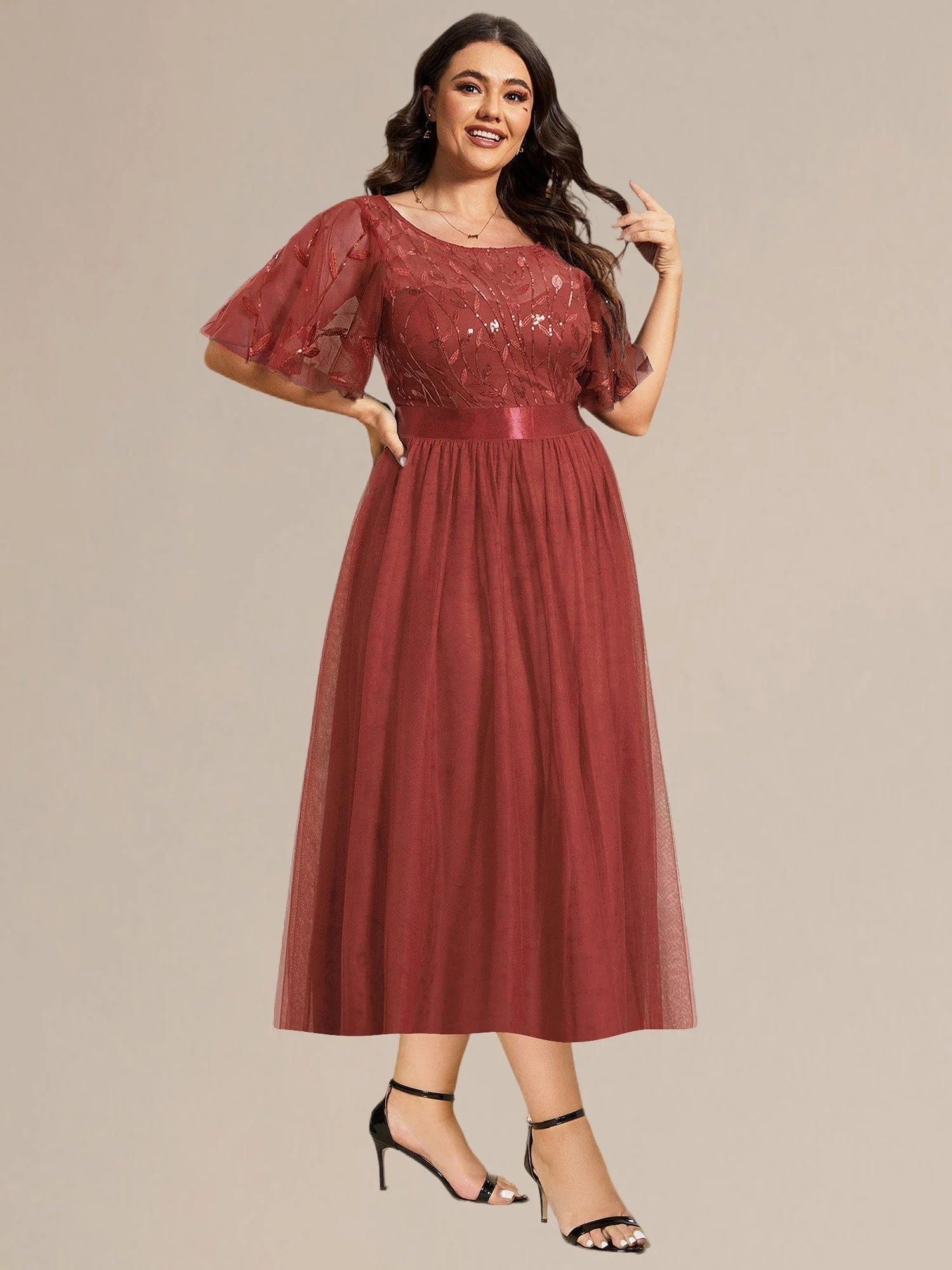 ever TAYLOR|Designer Sequined Leaf Midi Evening Dress - Image 25