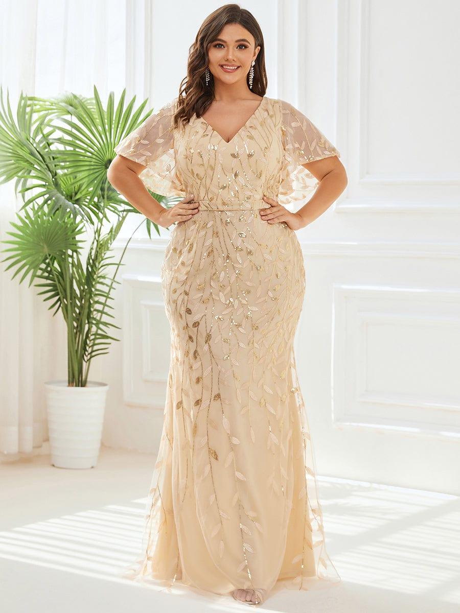 pretty DIONE|Fashion Plus Size V Neck Mermaid Sequin & Tulle Evening Dress - Image 12