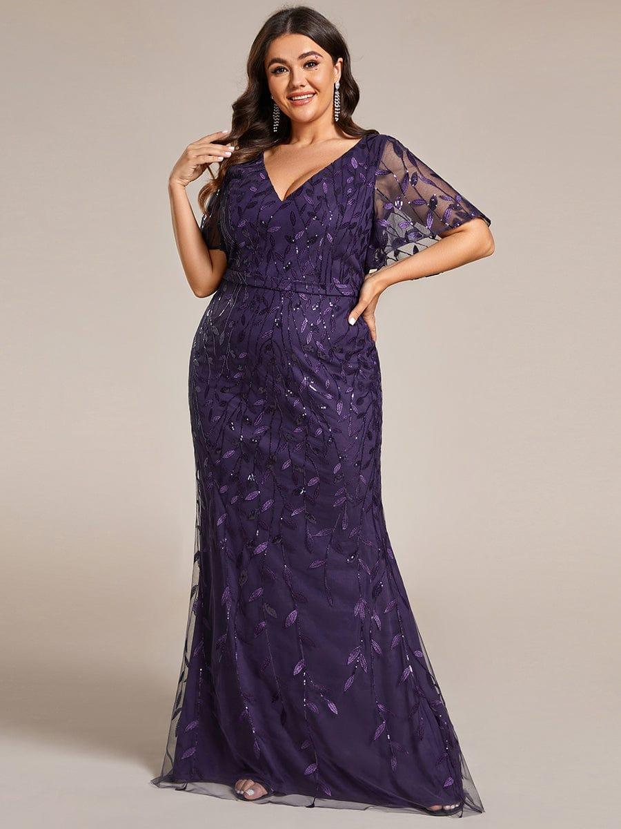 pretty DIONE|Fashion Plus Size V Neck Mermaid Sequin & Tulle Evening Dress - Image 59