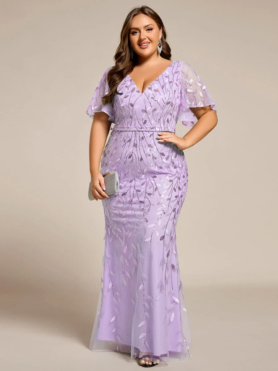 pretty DIONE|Fashion Plus Size V Neck Mermaid Sequin & Tulle Evening Dress - Image 77
