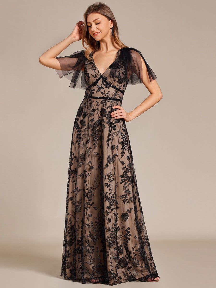 Flared Sleeve Embroidered Mesh Evening Maxi Dress