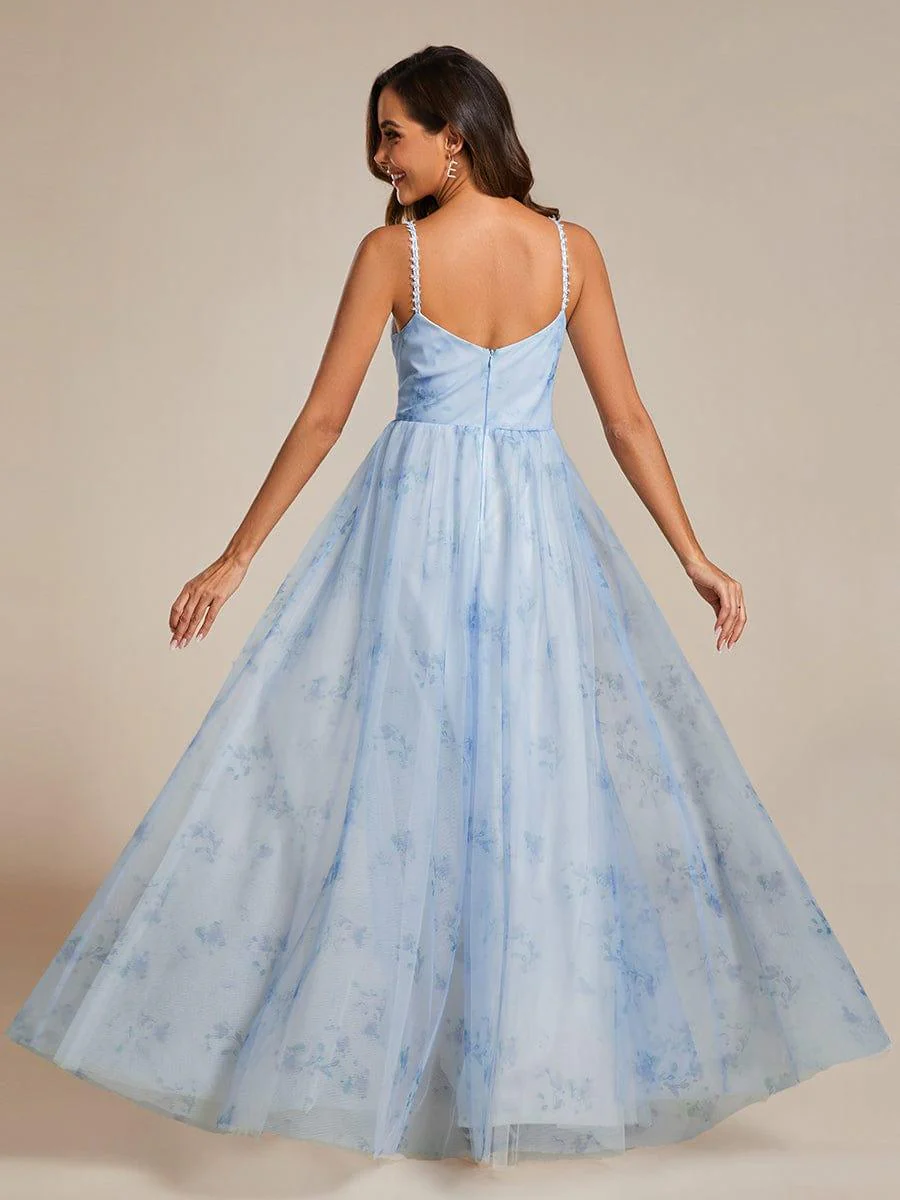 Floral Empire Waist Spaghetti Strap Evening Dress with V-Neck - Image 6