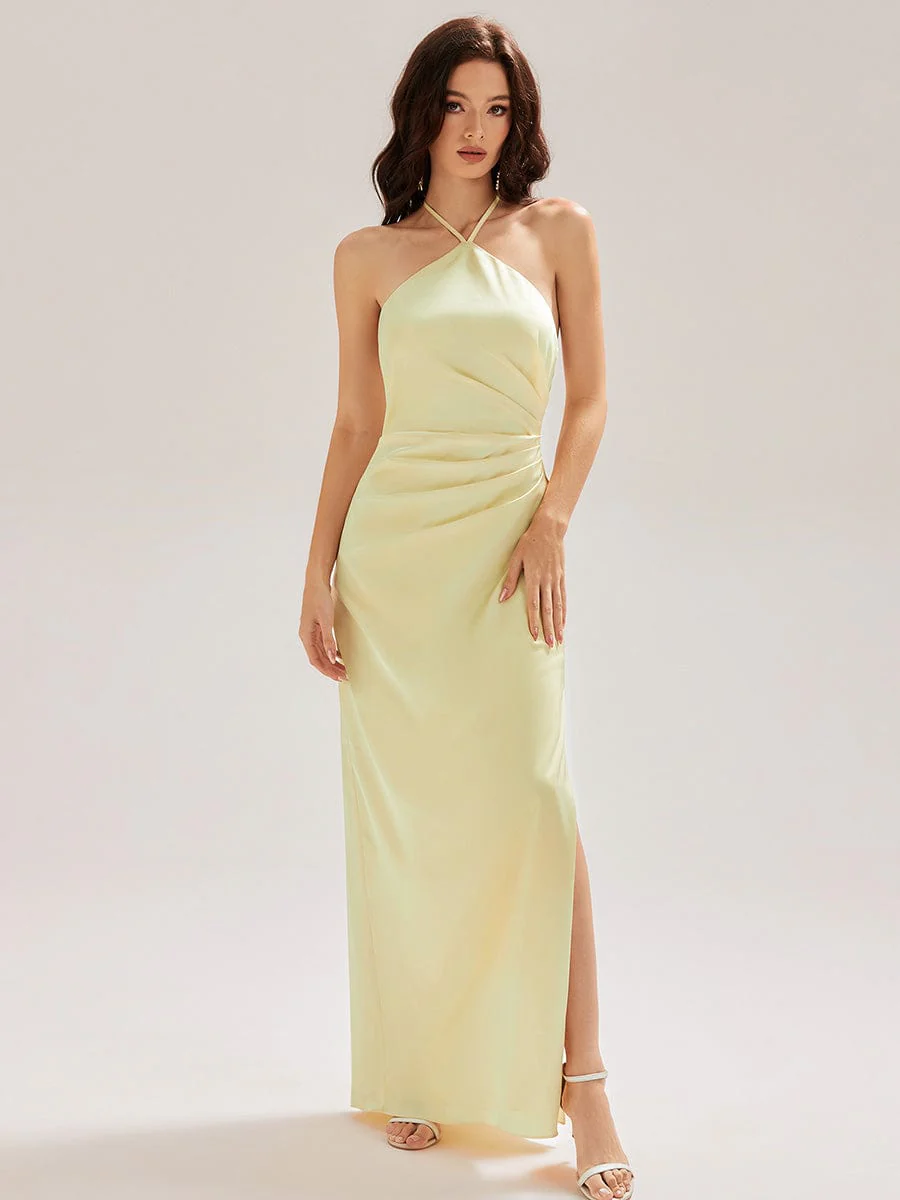 ever ELYS|Halter Satin Bridesmaid Dress with Drape Flower