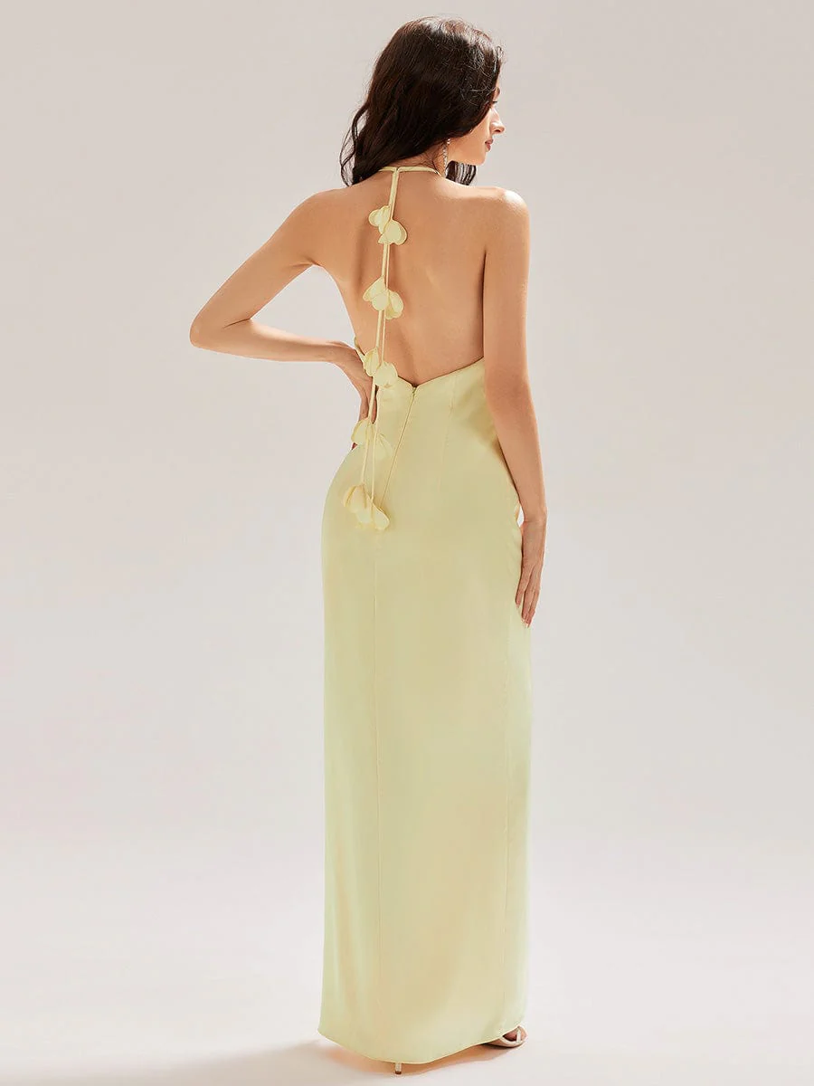 ever ELYS|Halter Satin Bridesmaid Dress with Drape Flower - Image 2