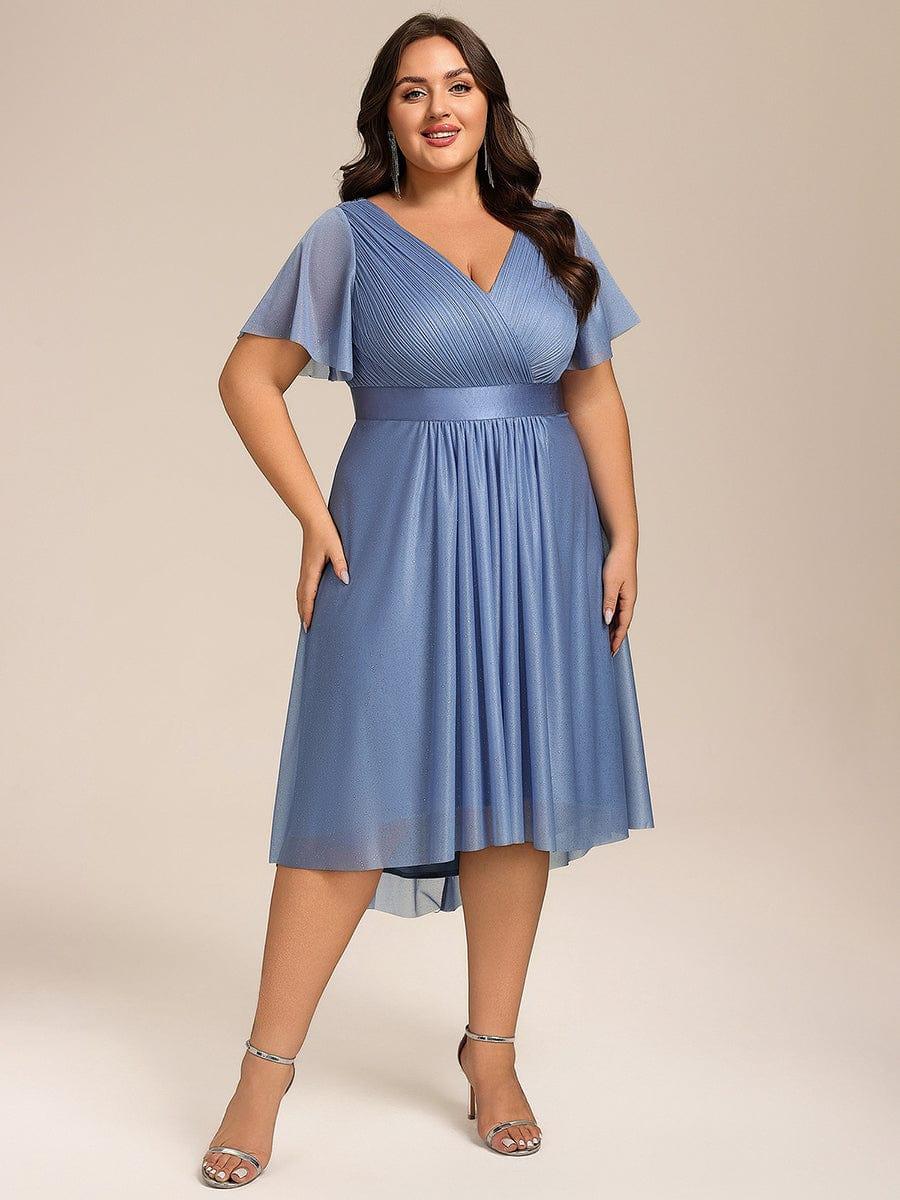 ever SOL|Glitter V-Neck Ruffles Sleeve Asymmetrical Hem Midi Length Wedding Guest Dress - Image 10