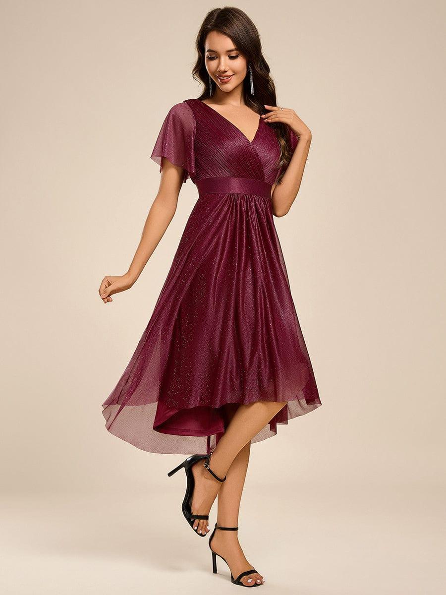ever SOL|Glitter V-Neck Ruffles Sleeve Asymmetrical Hem Midi Length Wedding Guest Dress - Image 15