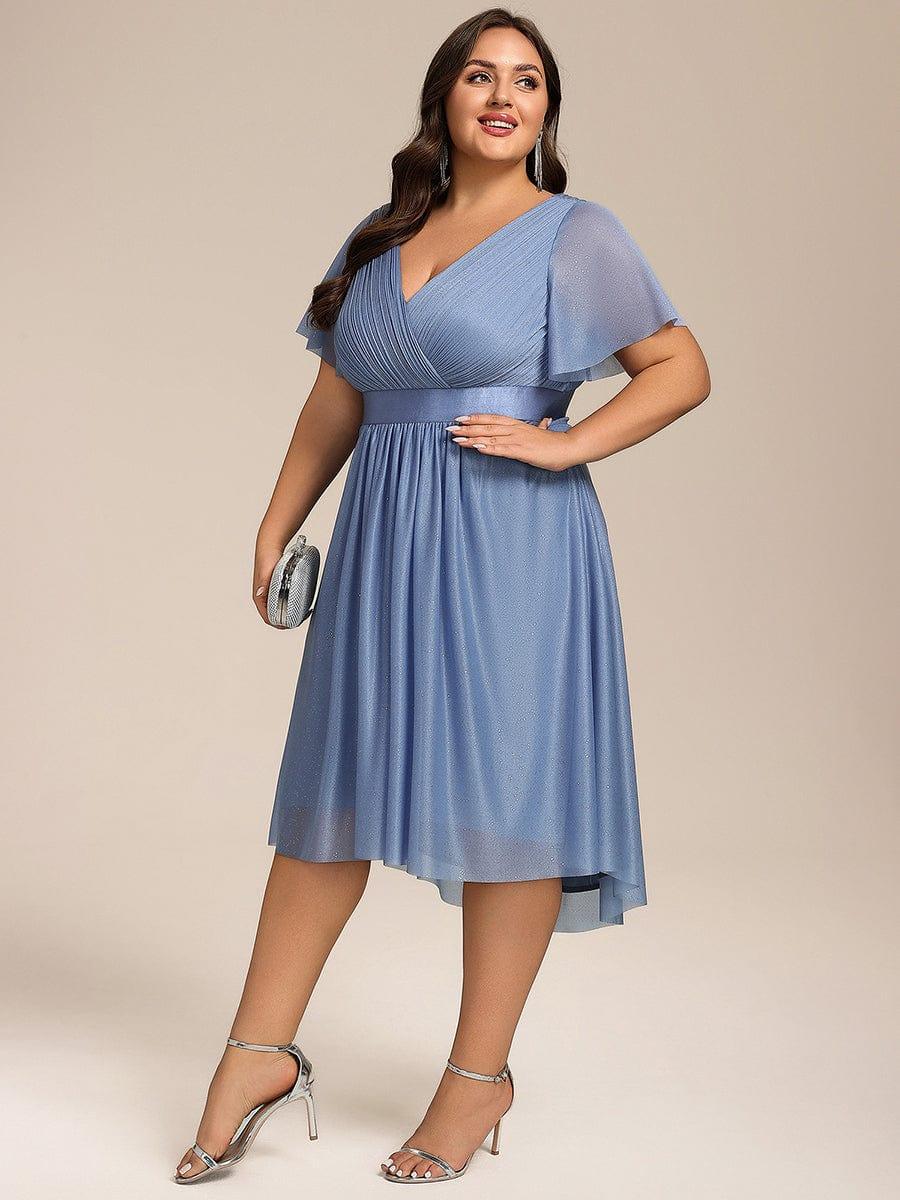 ever SOL|Glitter V-Neck Ruffles Sleeve Asymmetrical Hem Midi Length Wedding Guest Dress - Image 9