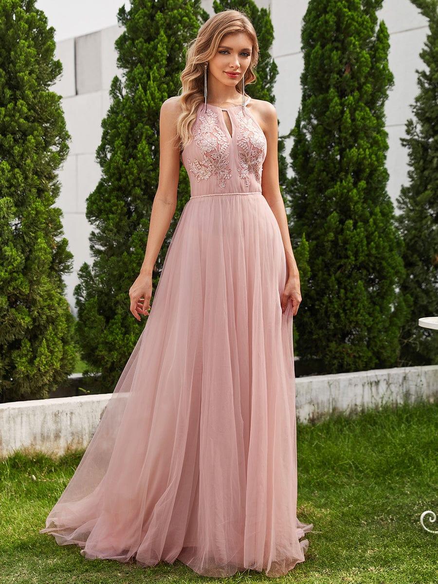 Halter Neck A-Line Tulle Maxi Dress with Applique in Pink - Image 5