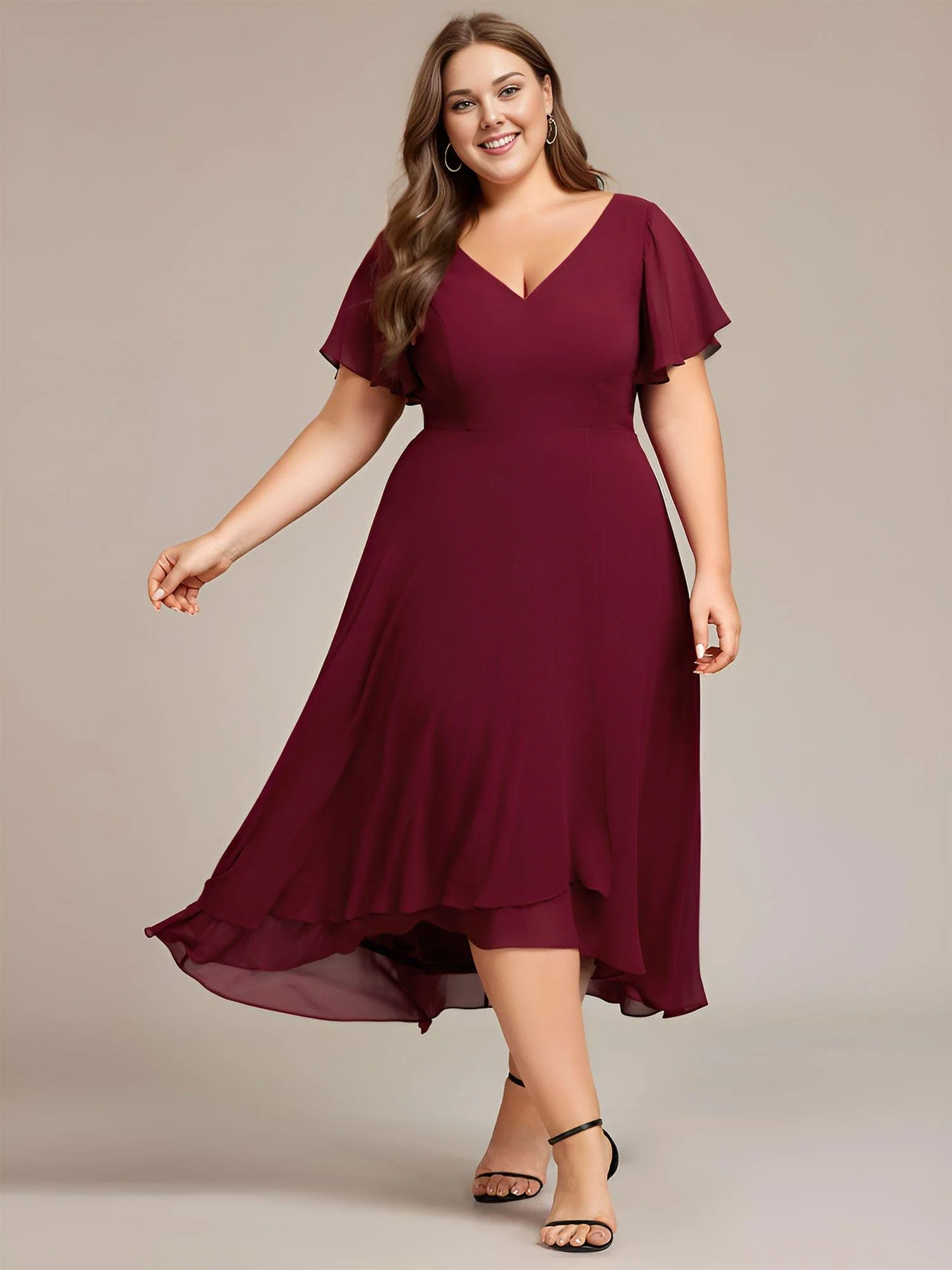 ever AALIA|High Low Chiffon Dress with V-Neck and Ruffle Sleeves - Image 11