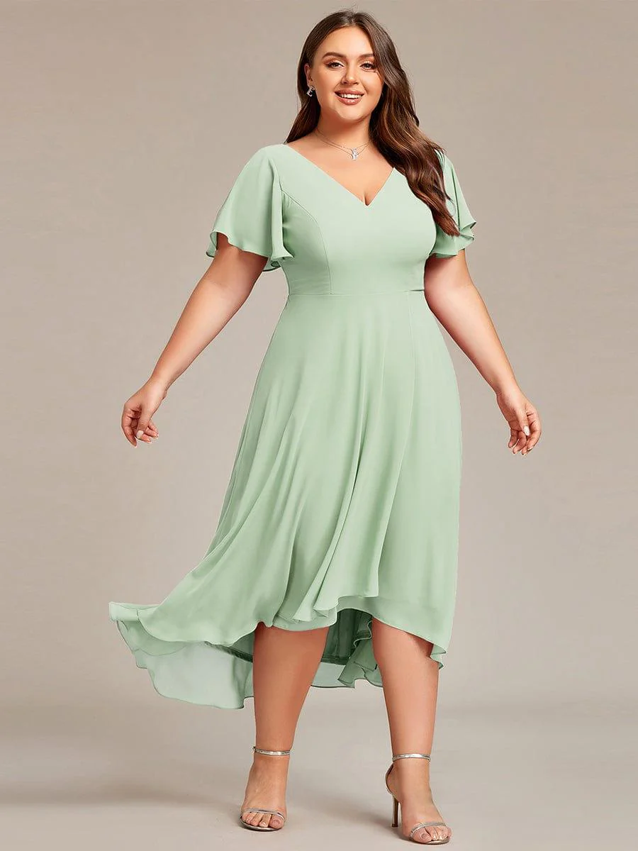 ever AALIA|High Low Chiffon Dress with V-Neck and Ruffle Sleeves - Image 33