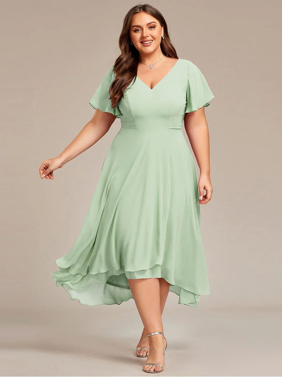 ever AALIA|High Low Chiffon Dress with V-Neck and Ruffle Sleeves - Image 36