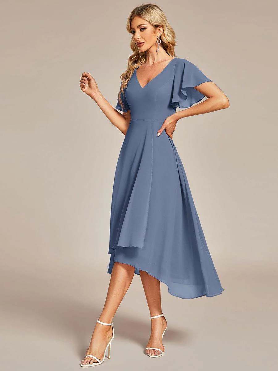 ever AALIA|High Low Chiffon Dress with V-Neck and Ruffle Sleeves - Image 4