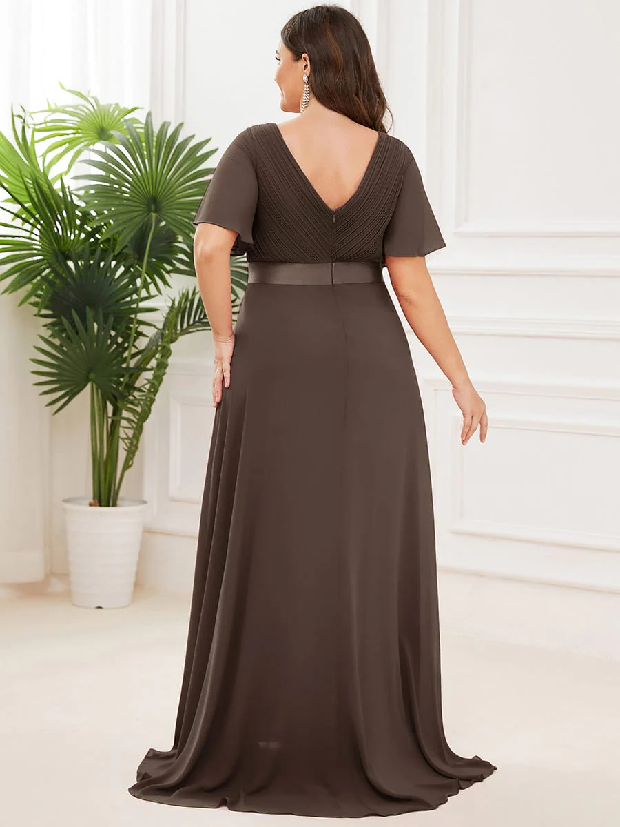 pretty MONICA|Plus Size Long Empire Waist Bridesmaid Dress with Short Flutter Sleeves - Image 203