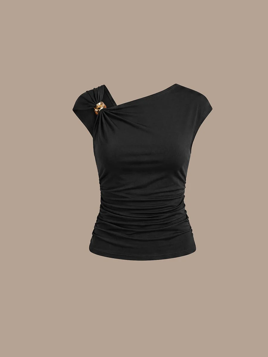 Knit Cap Sleeve Asymmetrical Neckline Top - Image 2