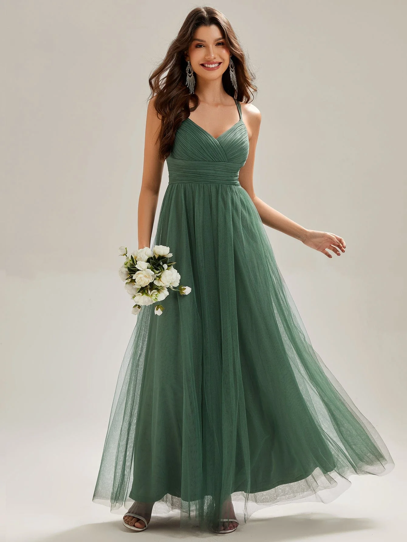 ever JAYCEE|Lace Back Cross-Strap V-Neck Pleated Sleeveless Tulle Bridesmaid Dress - Image 40