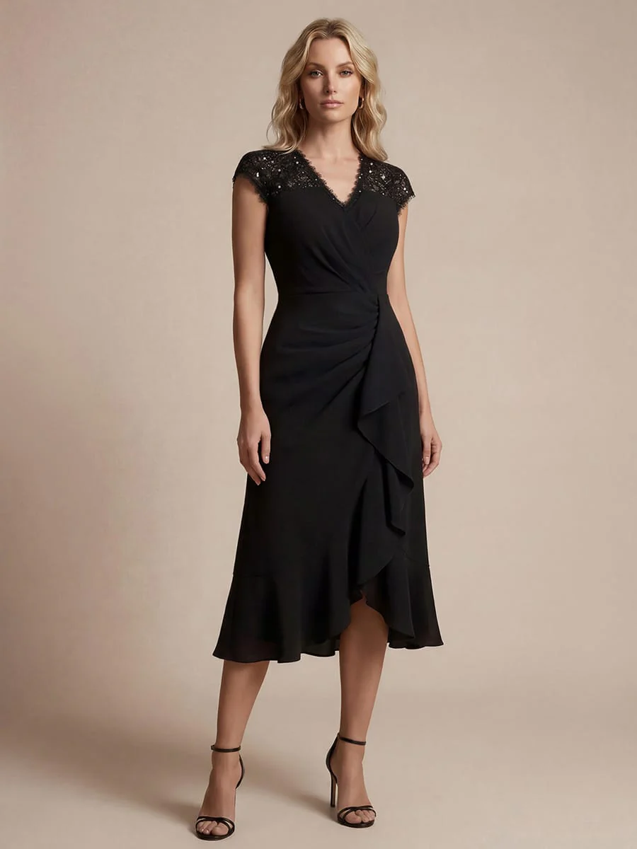 Elegant Cap Sleeve Lace Patchwork Midi Mermaid Wedding Guest Dress
