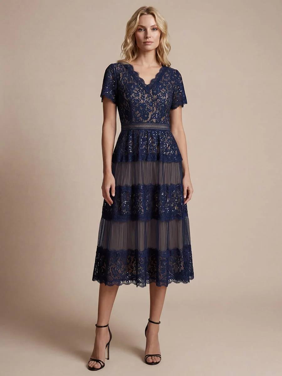 High Stretch Lace Spliced A-Line Flutter Sleeve Patchwork Wedding Guest Dress