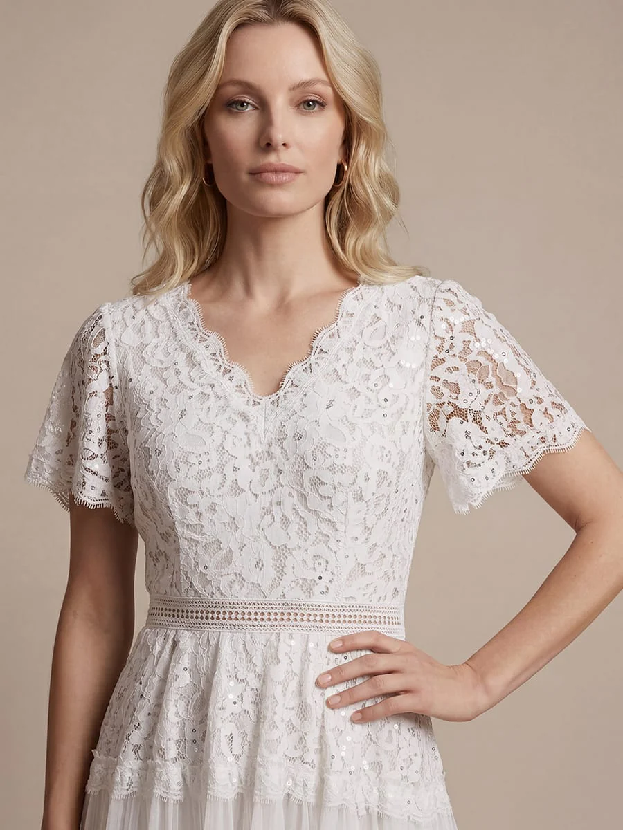 High Stretch Lace Spliced A-Line Flutter Sleeve Patchwork Wedding Guest Dress - Image 12