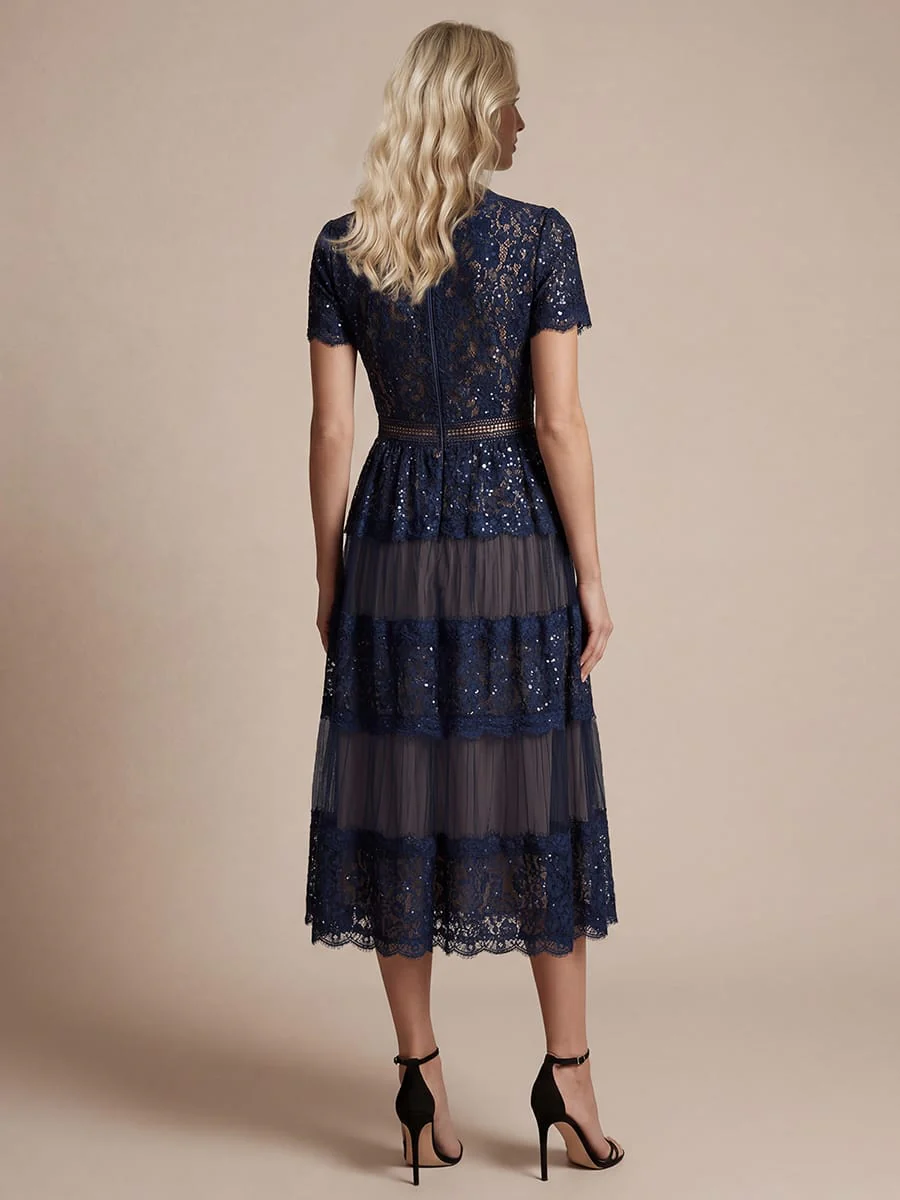 High Stretch Lace Spliced A-Line Flutter Sleeve Patchwork Wedding Guest Dress - Image 2