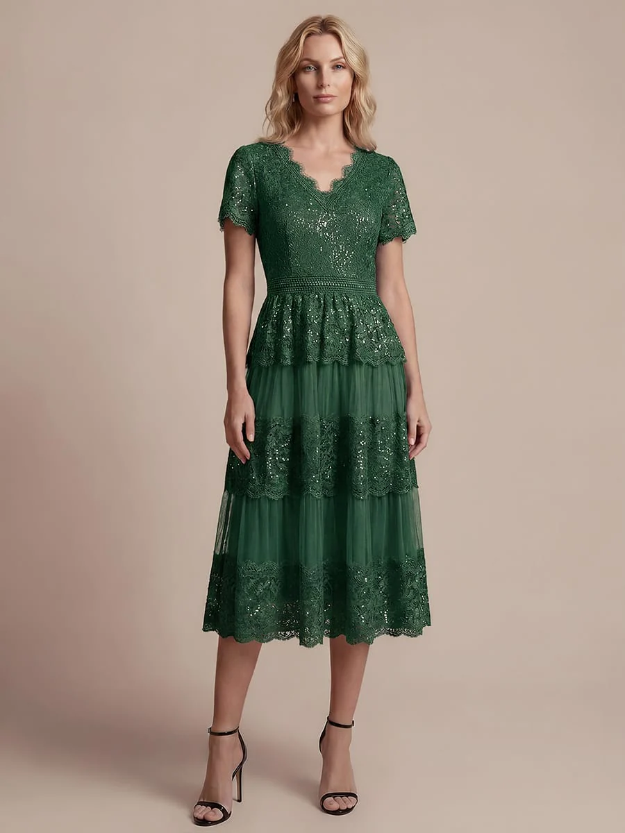 High Stretch Lace Spliced A-Line Flutter Sleeve Patchwork Wedding Guest Dress - Image 22