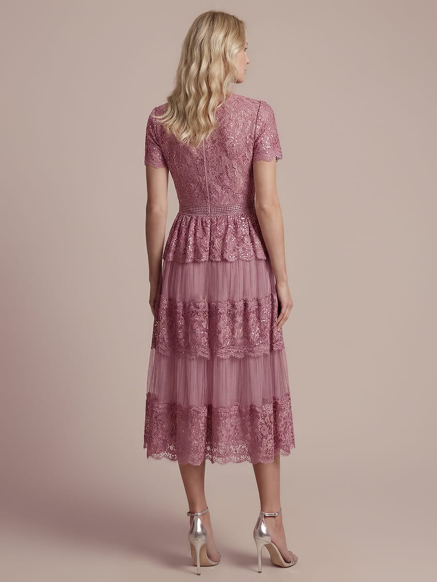 High Stretch Lace Spliced A-Line Flutter Sleeve Patchwork Wedding Guest Dress - Image 29