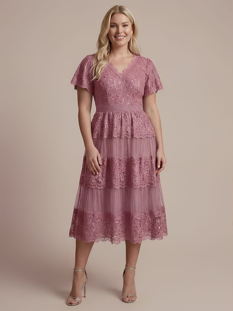 High Stretch Lace Spliced A-Line Flutter Sleeve Patchwork Wedding Guest Dress - Image 31