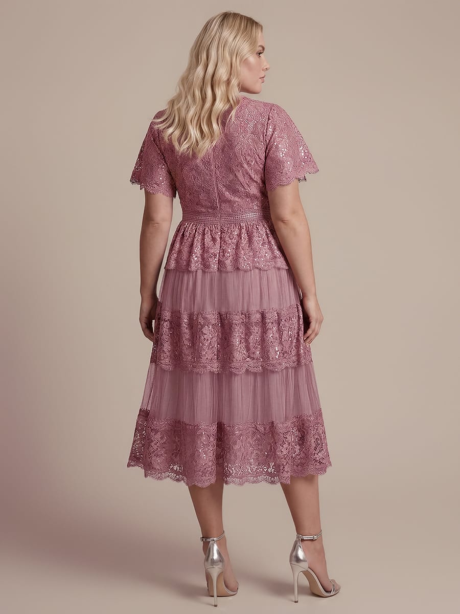 High Stretch Lace Spliced A-Line Flutter Sleeve Patchwork Wedding Guest Dress - Image 32
