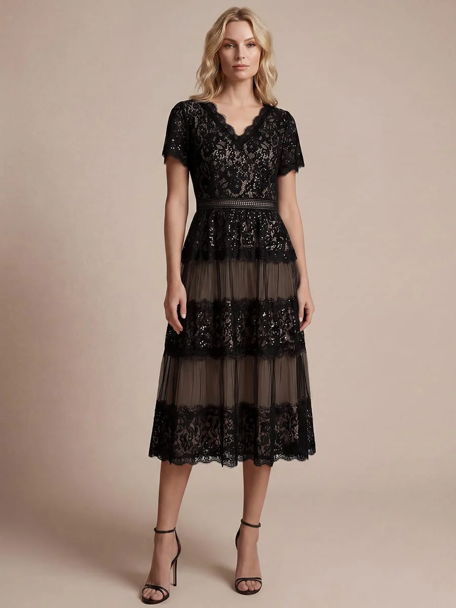 High Stretch Lace Spliced A-Line Flutter Sleeve Patchwork Wedding Guest Dress - Image 5