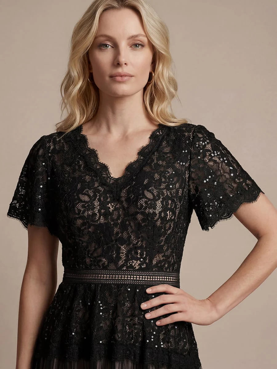 High Stretch Lace Spliced A-Line Flutter Sleeve Patchwork Wedding Guest Dress - Image 9