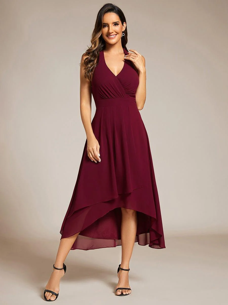 Halter Tie Neck Backless High Low Chiffon Wedding Guest Dress - Image 7