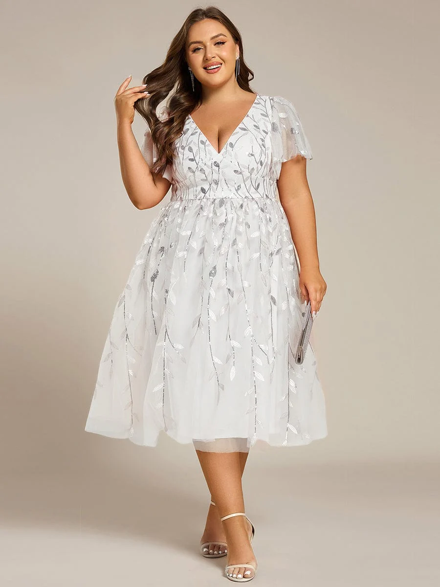 ever SIMONE|Leaf Sequin Short Sleeve Tulle Midi Evening Dress - Image 118