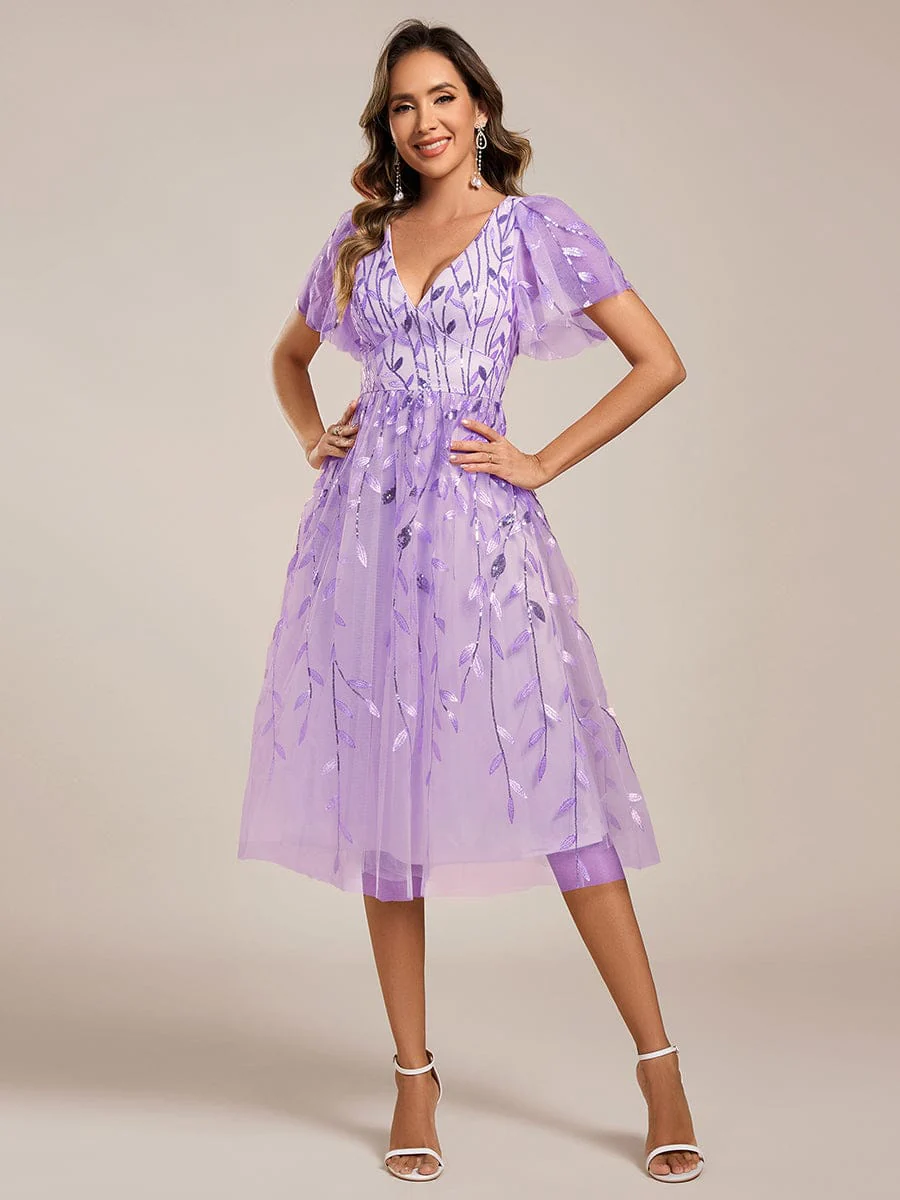 ever SIMONE|Leaf Sequin Short Sleeve Tulle Midi Evening Dress - Image 123
