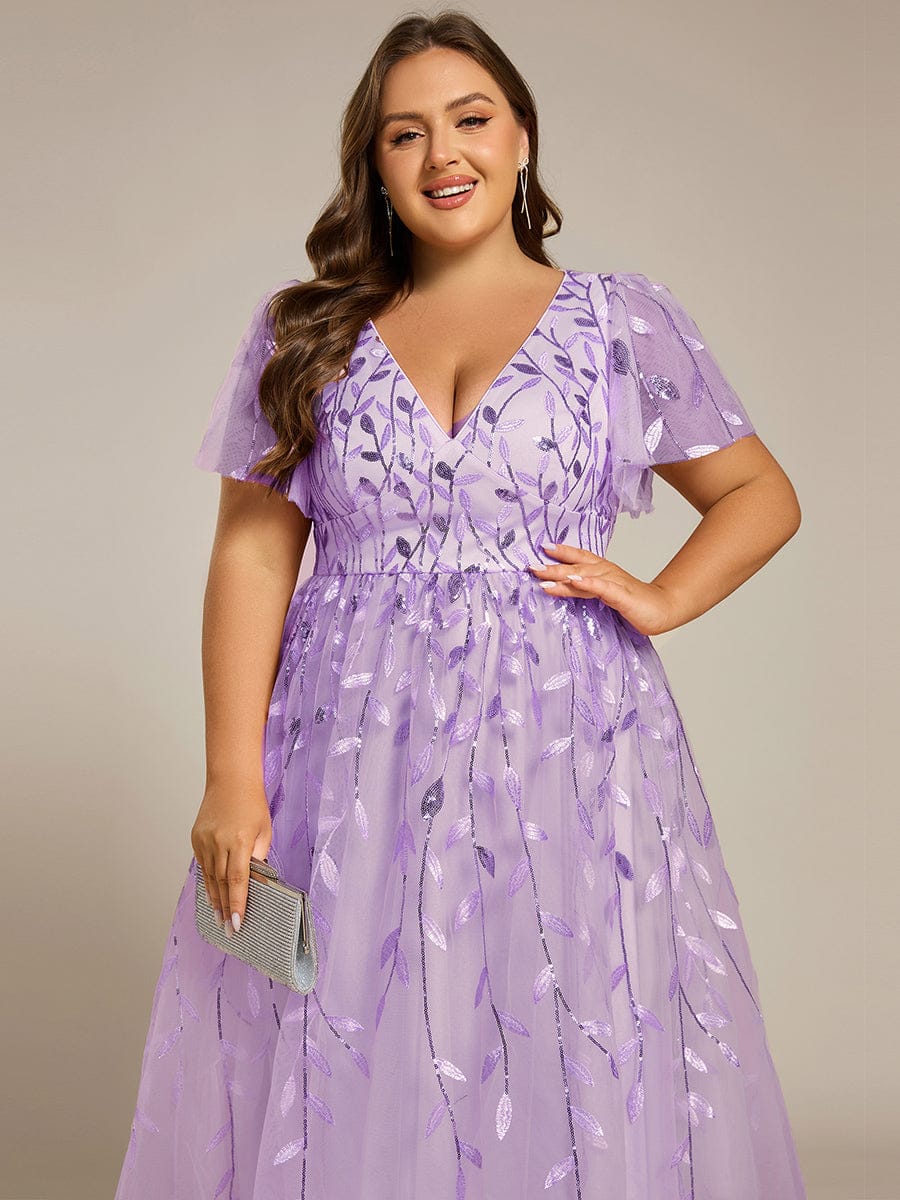 ever SIMONE|Leaf Sequin Short Sleeve Tulle Midi Evening Dress - Image 131