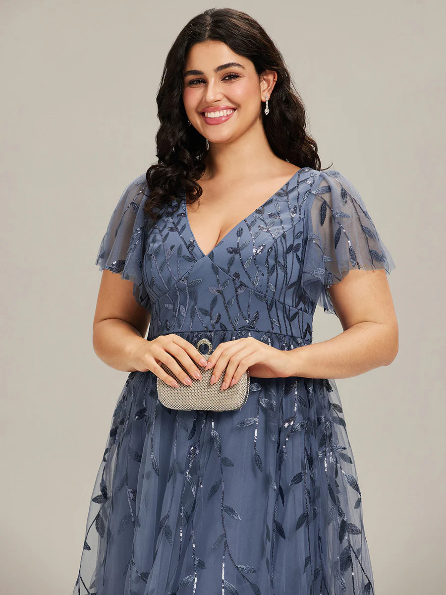 ever SIMONE|Leaf Sequin Short Sleeve Tulle Midi Evening Dress - Image 61
