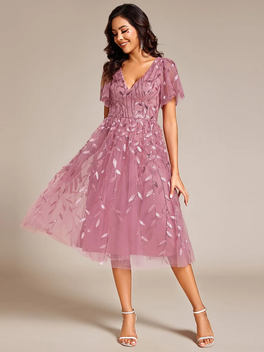ever SIMONE|Leaf Sequin Short Sleeve Tulle Midi Evening Dress - Image 99