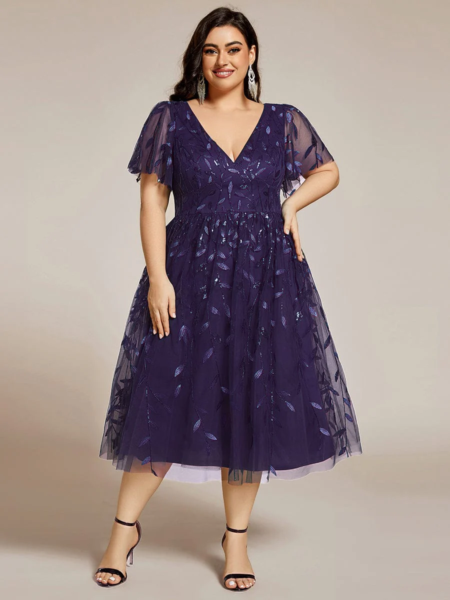 ever SIMONE|Leaf Sequin Short Sleeve Tulle Midi Wedding Guest Dress - Image 104