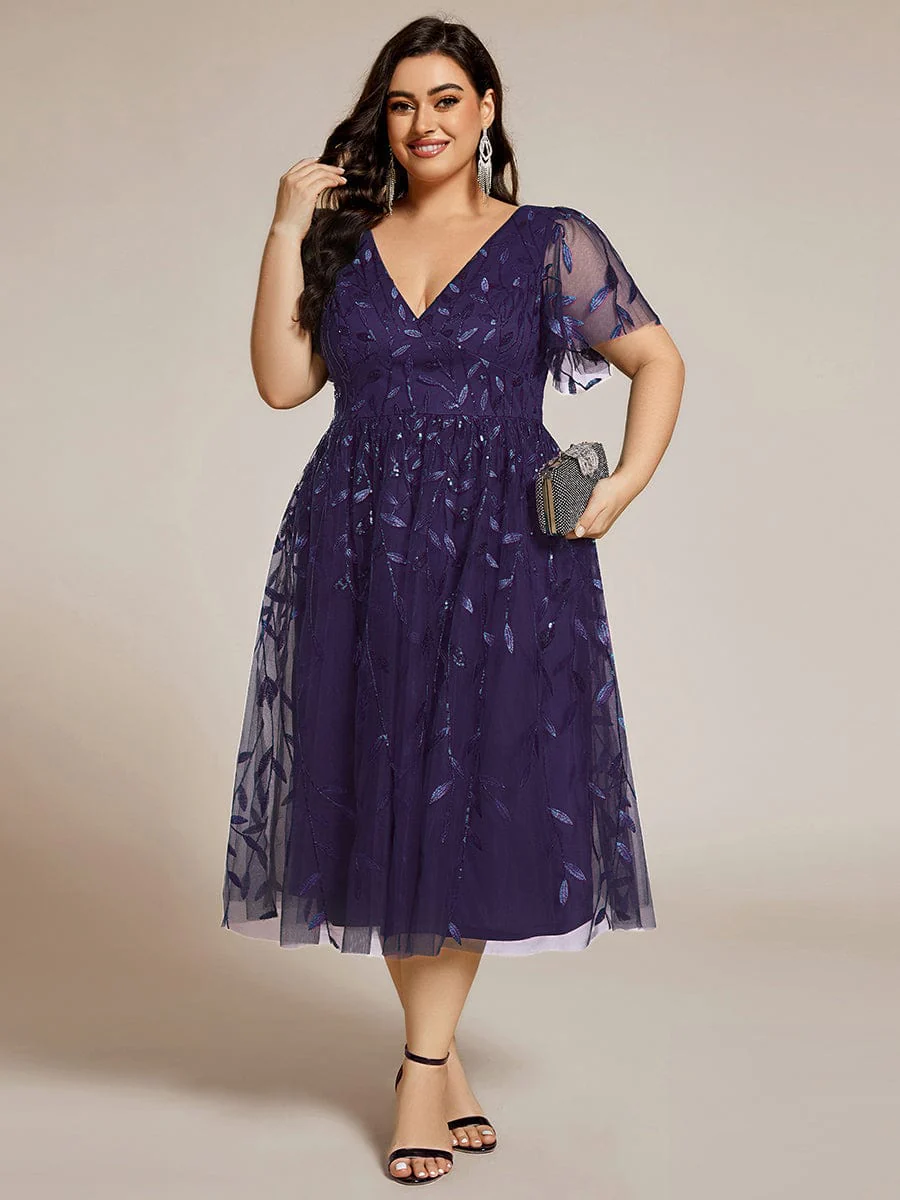 ever SIMONE|Leaf Sequin Short Sleeve Tulle Midi Wedding Guest Dress - Image 108
