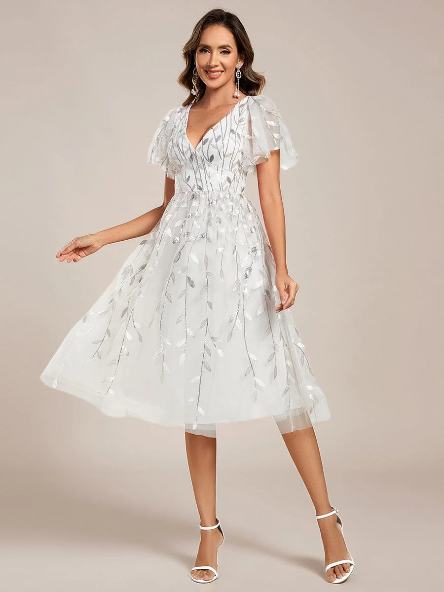 ever SIMONE|Leaf Sequin Short Sleeve Tulle Midi Wedding Guest Dress - Image 109