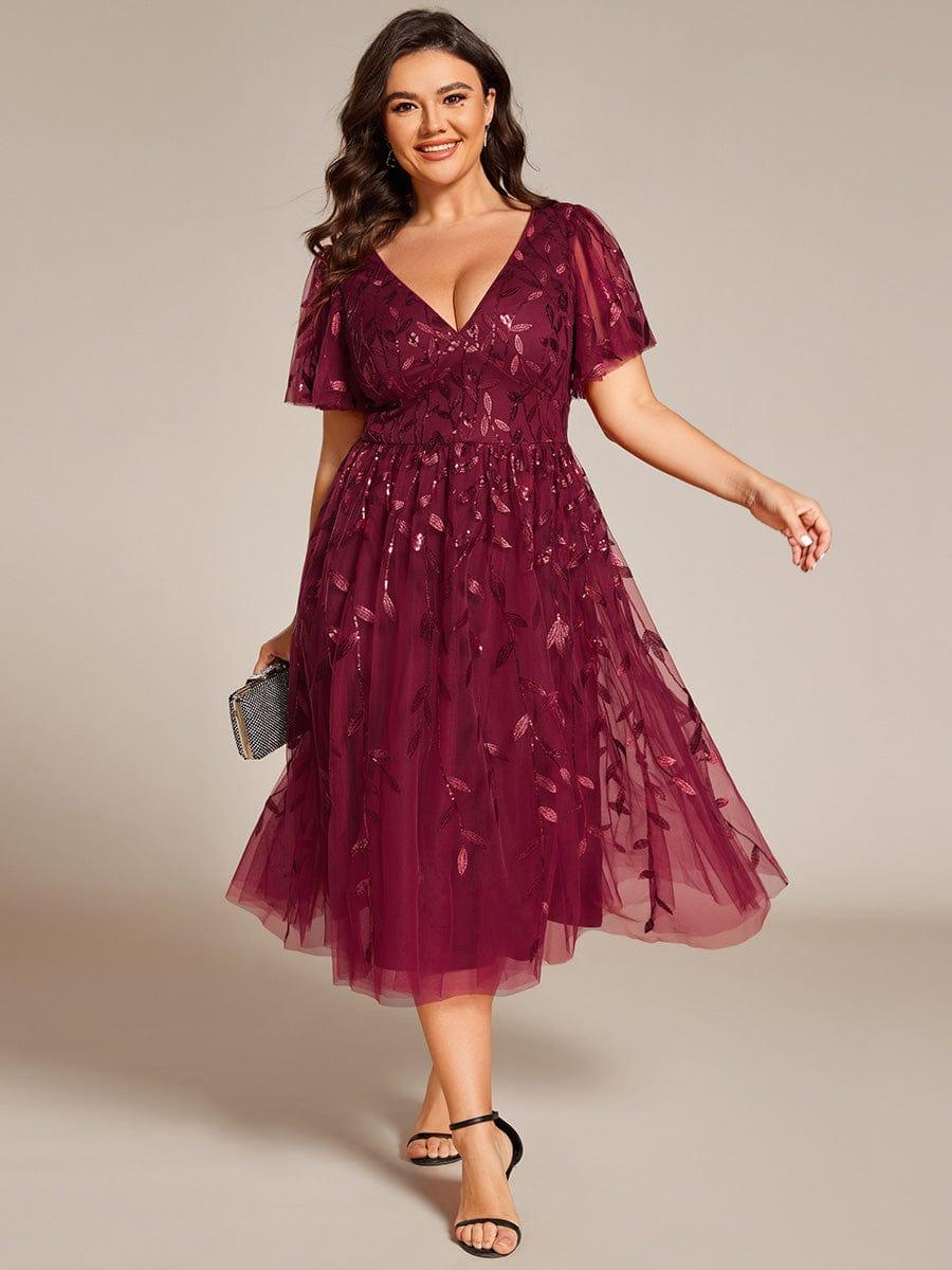 ever SIMONE|Leaf Sequin Short Sleeve Tulle Midi Wedding Guest Dress - Image 16